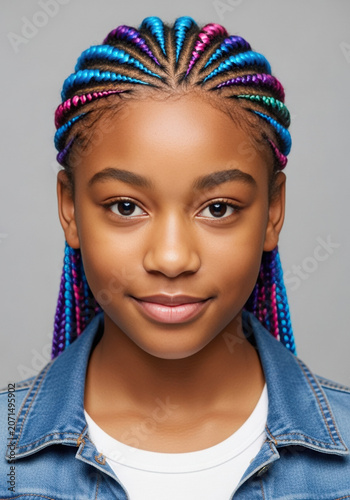 African American teenage girl with colorful braids smiling at camera  