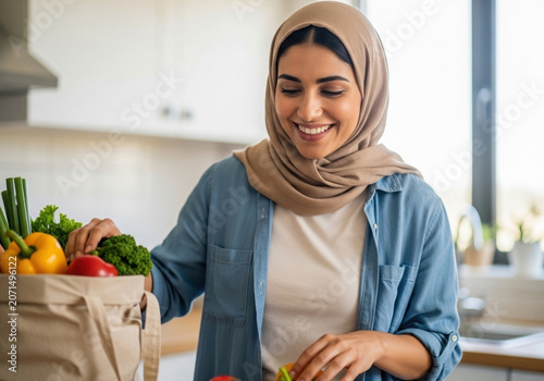 Muslim woman unpacking groceries and smiling in modern kitchen  