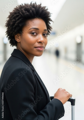 Young Black woman smiling while holding luggage in airport terminal  