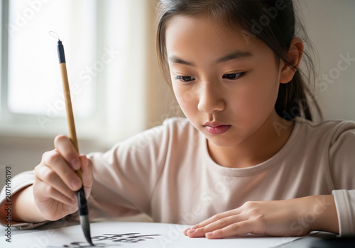 Young Asian girl practicing calligraphy at home with focus  