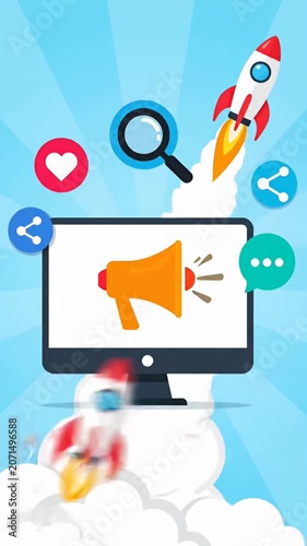 Digital marketing concept with computer monitor and megaphone.