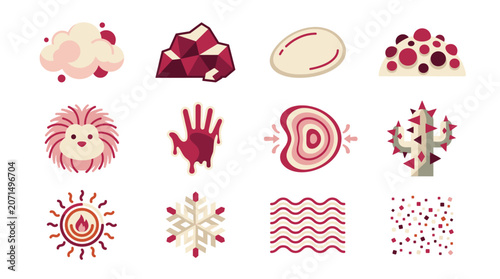 Colorful Seamless Pattern Graphic Elements Set Featuring Food Shapes Crystals Animals Nature and Abstract Designs for Textile Backgrounds