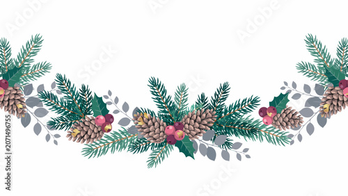 Festive holiday garland with pine cones and fir branches, a beautiful winter decoration