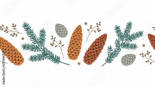 Seamless winter forest border with rustic pine cones and evergreen branches. Hand-drawn botanical design for holiday decorations and festive backgrounds