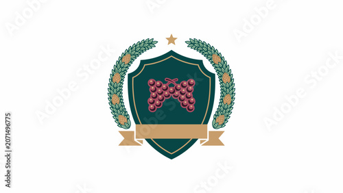 Classic grape cluster emblem with shield and laurel wreath, ideal for premium wine labels, vineyard branding, or sophisticated food product packaging design