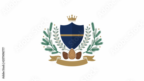 Elegant heraldic emblem featuring a majestic golden crown, protective blue shield, and botanical evergreen wreath on a clean white background