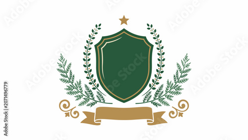 Classic heraldic crest with green shield, golden ribbon, and laurel wreath for award, honor, or prestige