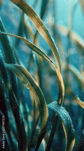Underwater plants sway gently in sunlight illuminating a vibrant aquatic environment