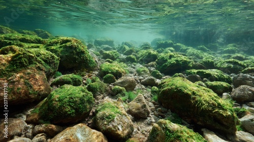 Underwater scene with moss-covered rocks in a clear river at midday showcasing nature's beauty