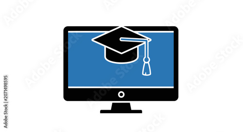 A computer monitor displaying a graduation cap icon for online education concepts