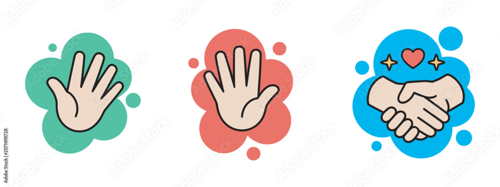 Fototapeta premium Hand gesture icon collection, waving high five handshake colorful symbol doodle style vector set, communication and social interaction icons