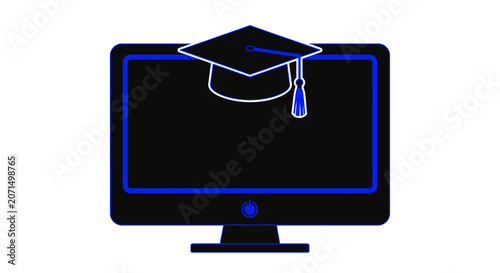 A digital computer monitor displaying a graduation cap icon for online education