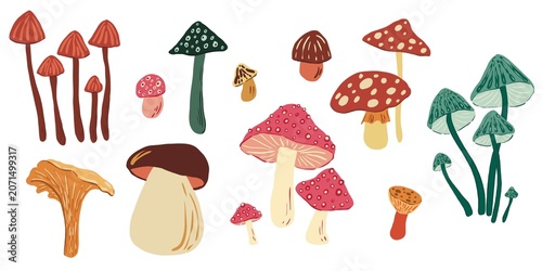 Foto set of colorful mushrooms drawn by hand