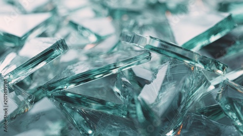 Shattered glass pieces scattered on a surface with various shapes and reflections of light during daylight
