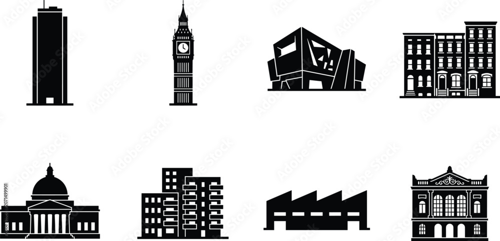 Fototapeta premium Architecture and Building Silhouette Icons Set Showcasing Diverse Urban Real Estate and Landmark Structures