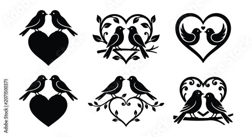 Konstfotografi Bird And Heart Silhouettes Black Vector Illustration Collection