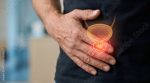 Man suffering from prostate pain with holographic bladder and prostate anatomy overlay. Male patient holding painful lower abdomen, medical clinic diagnostics for prostatitis