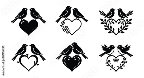 Tableau sur toile Bird And Heart Silhouettes Black Vector Illustration Collection