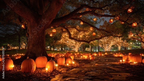 A night scene of jack-o'-lanterns beneath a large tree with more in the background, all illuminated in a park setting