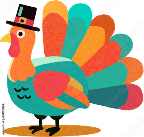 Cute textured Thanksgiving turkey bird wearing a pilgrim hat illustration.