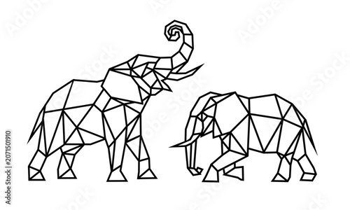 Geometric Low Poly Elephant Logo Set, Abstract Polygonal Animal Line Art Vector Illustration, Minimalist Origami Elephant Family Mascot for Modern Brand Identity