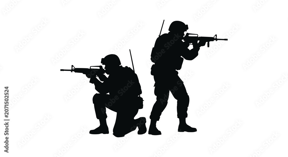 Fototapeta premium soldiers with rifles in combat positions black silhouette
