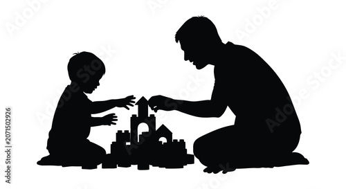 Father and son playing with building blocks in black silhouette