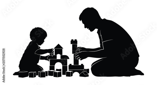 father and son playing with building blocks black silhouette