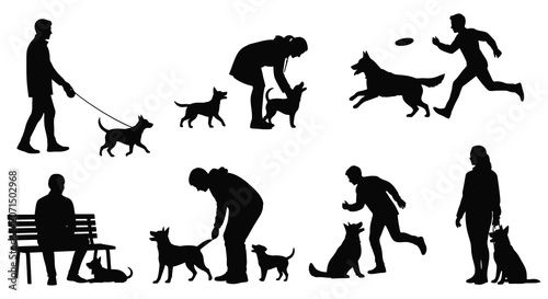 Collection of people and dog silhouettes walking sitting and playing in a park silhouette