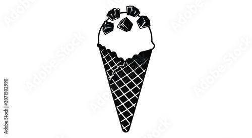 Ice cream cone with chocolate cubes black and white silhouette