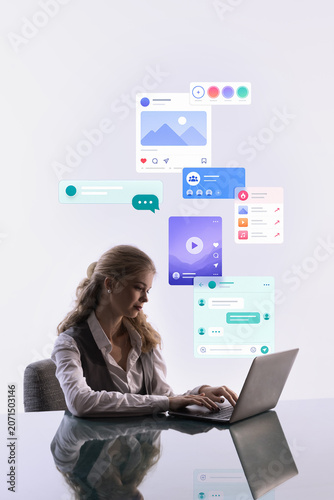 Quadro su tela Businesswoman creating social media content with digital communication app interface