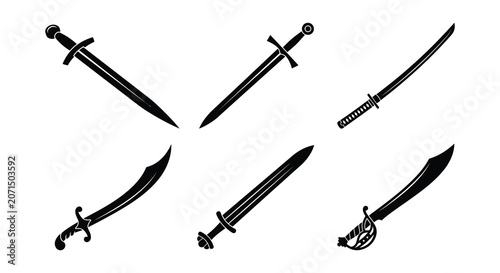 Foto Variety Of Swords Black Silhouette Vector Illustration On White Background