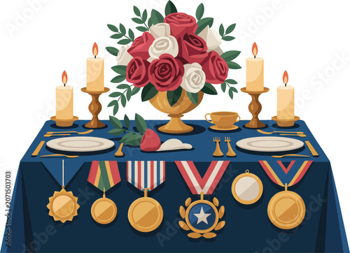 Award table setting, medals and flowers, navy blue tablecloth, elegant dinner