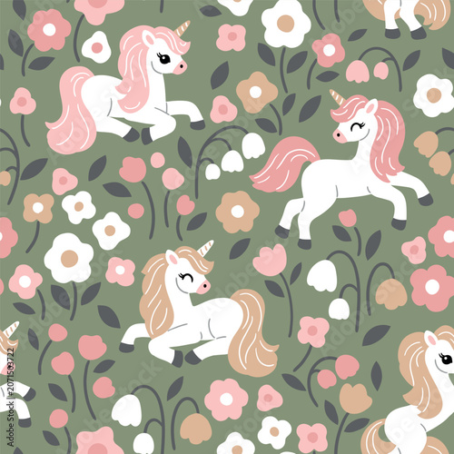 Tableau sur toile Cute unicorn on floral background