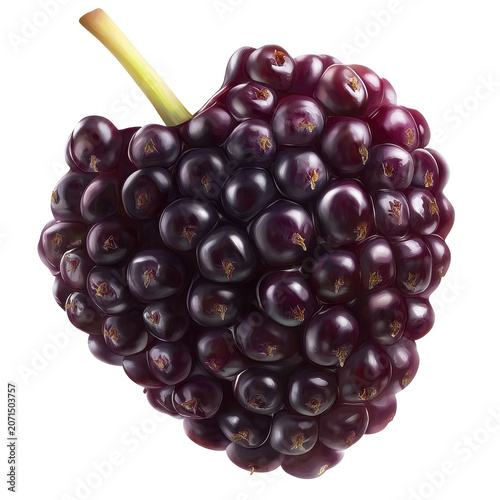 Lush dark blackberry aggregate closeup with stem isolated on white background