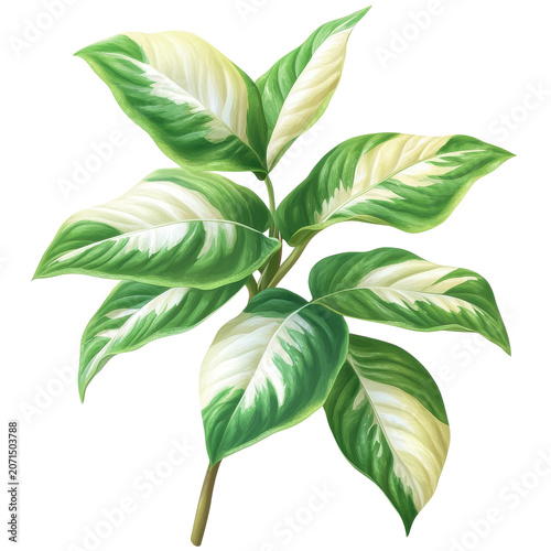 Detailed illustration of variegated plant with green and white leaves isolated on white background