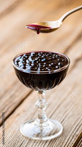 Hibiscus syrup elegant glass with spoon, rich red color, sweet dessert topping, glossy texture, vibrant and refreshing presentation wooden table, gourmet natural ingredients, inviting close up red