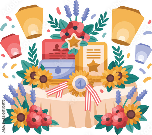 Award, certificate, and medal icons, floral decorations, colorful confetti