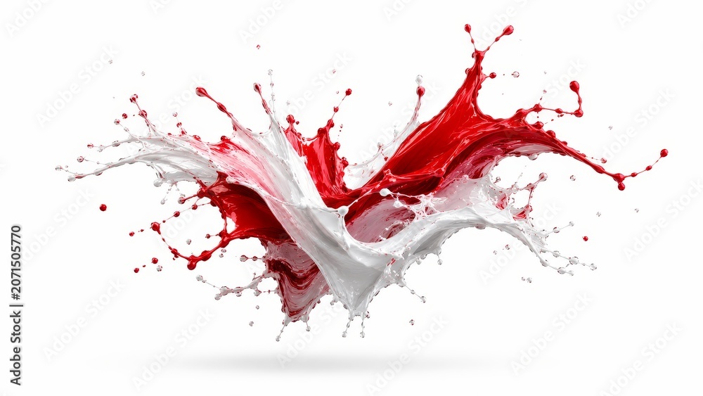 Naklejka premium Fluid red and white milk splash in flight motion