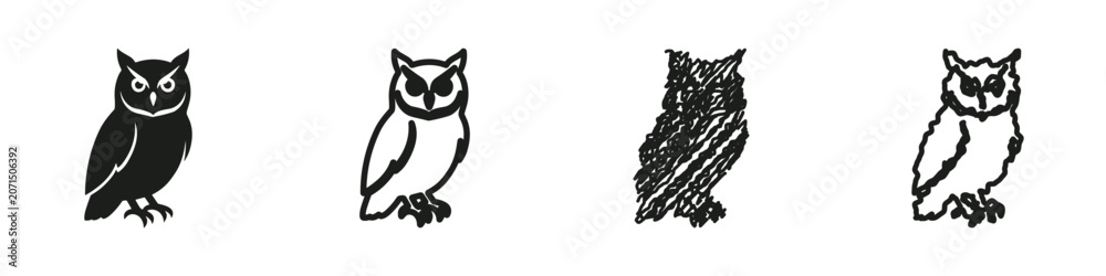 Fototapeta premium A diverse set of owl graphics showcasing different artistic styles from solid silhouette to sketchy outlines and scribbled textures