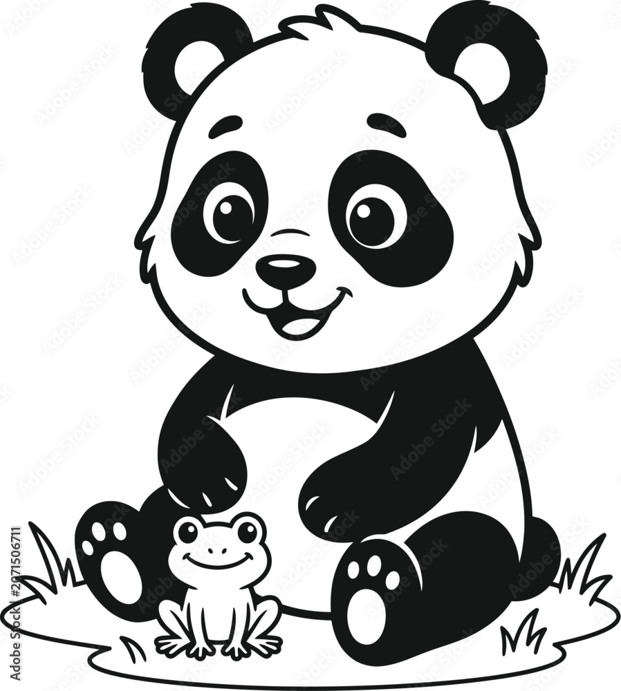 Obraz premium Cute panda bear and frog sitting together
