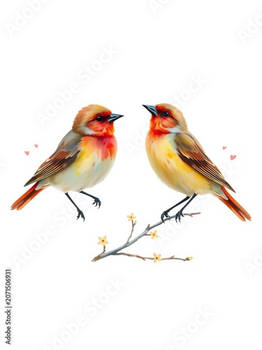 Delicate Watercolor Sparrows on White Background, realistic, white background