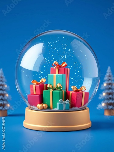 Digital rendering of a snow globe with Christmas presents against a blue background, background, ribbon
