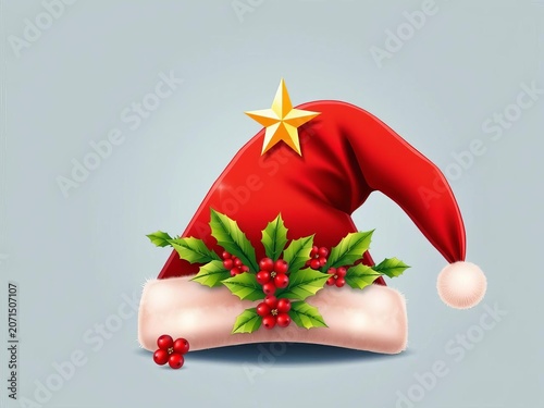 Festive red Christmas hat with golden star vector illustration, adorned with holly and berries, Joyful, ||Red
