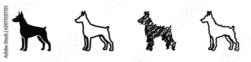 Photos Four distinct representations of a Doberman Pinscher, including a solid silhouet