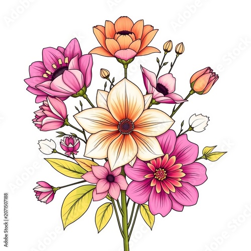 Flower arrangement with interlocking outlined blooms and stems, illustrations, outlines