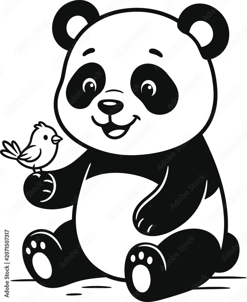Fototapeta premium Smiling panda bear with a bird