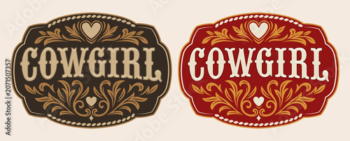Schilderij op canvas Cowgirl tag label belt buckle rodeo Cowboy style endearment emblem stylized Wild