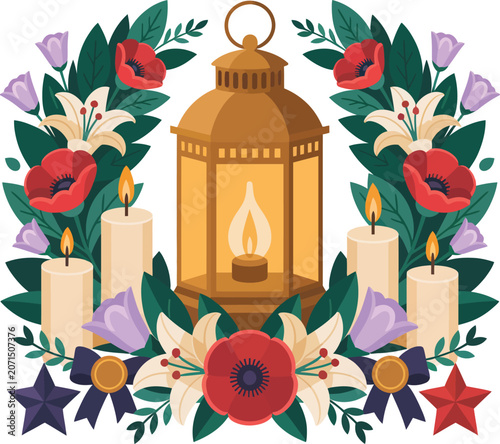 Vintage Lantern, Floral Wreath, Poppy Flowers, Memorial Icon