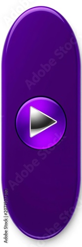 Glossy purple oval play button with metallic silver triangle icon isolated on white background, Symbolic representation, Design element